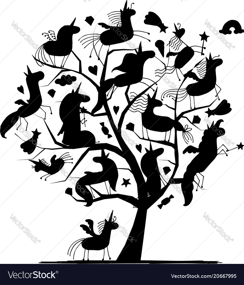 Magic unicorns tree sketch for your design vector image Magic unicorns tree sketch for your design