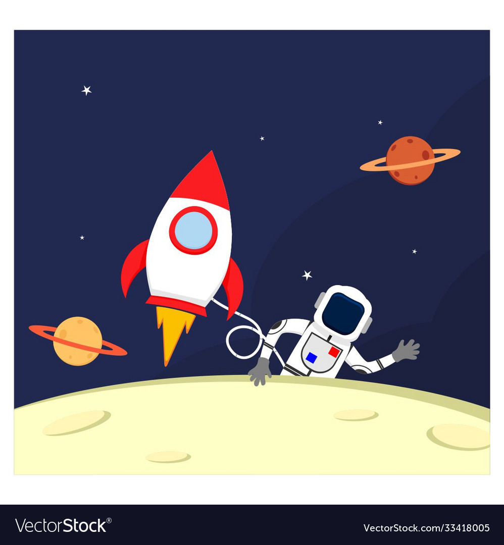 Astronaut in outer space with spacecraft flat
