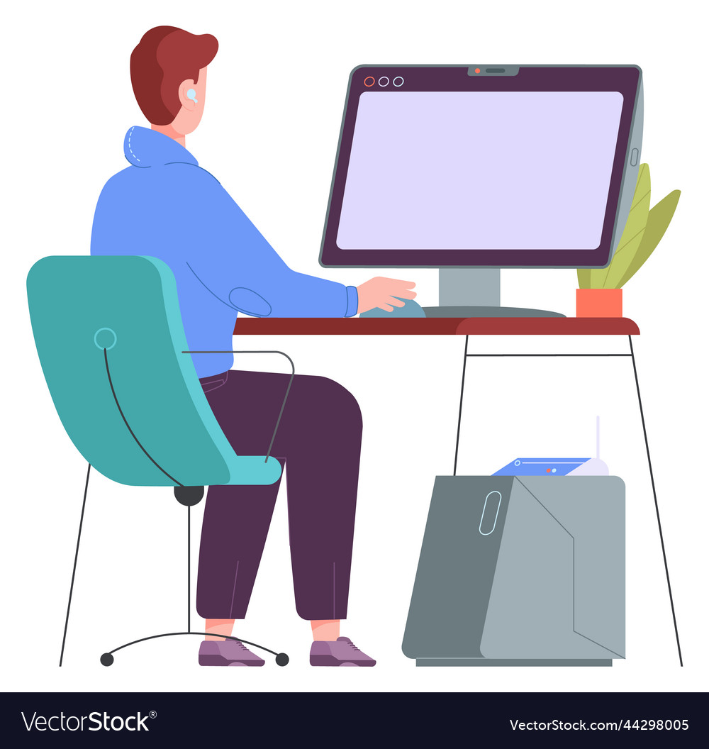Remote workplace man working at computer Vector Image Remote workplace man working at computer
