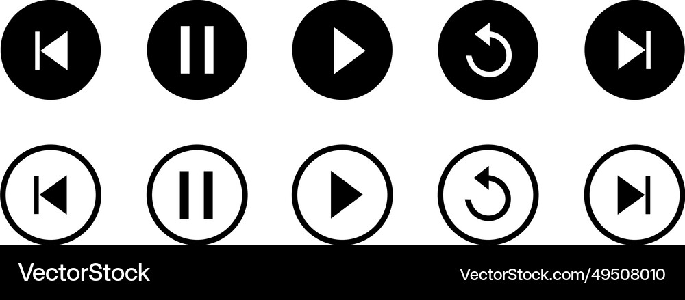 Play pause replay previous and next track black Vector Image