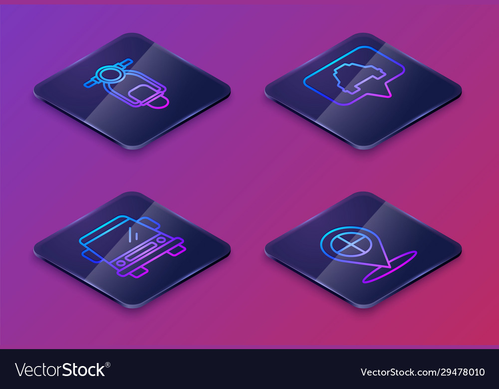 Set isometric line scooter car map pointer vector image Set isometric line scooter car map pointer