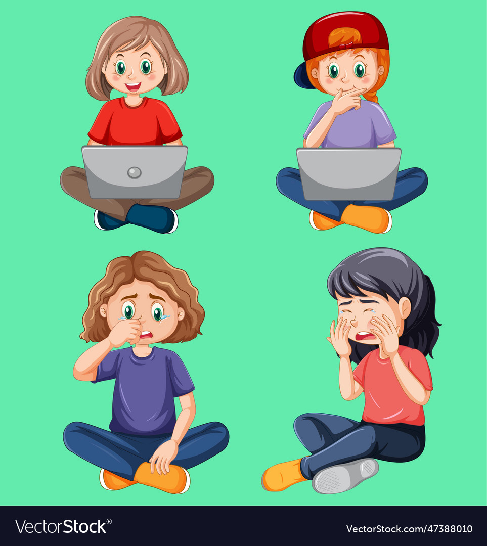Set of children with computer