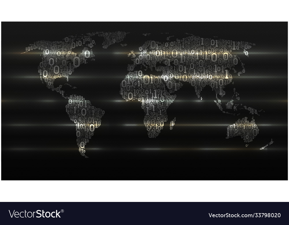Binary code world map on dark cellular background vector image Binary code world map on dark cellular background