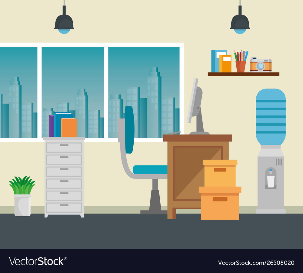 Computer technology in desk with chair Royalty Free Vector