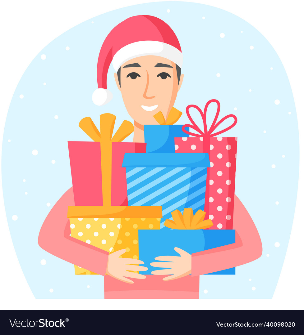 Man in santa hat holding gift boxes buying