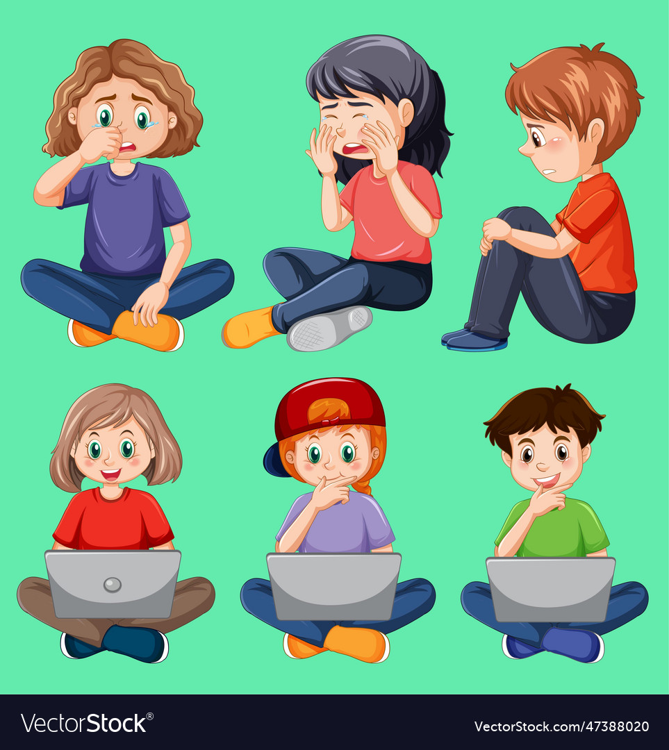 Set of children with computer vector image Set of children with computer