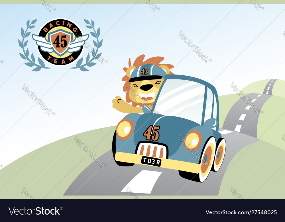 Lion happy car racer on road circuit cartoon