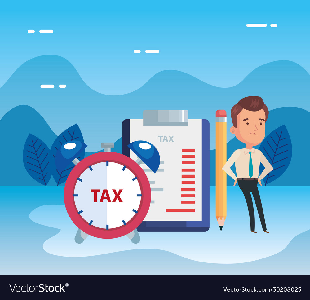 Tax day poster with businessman in landscape