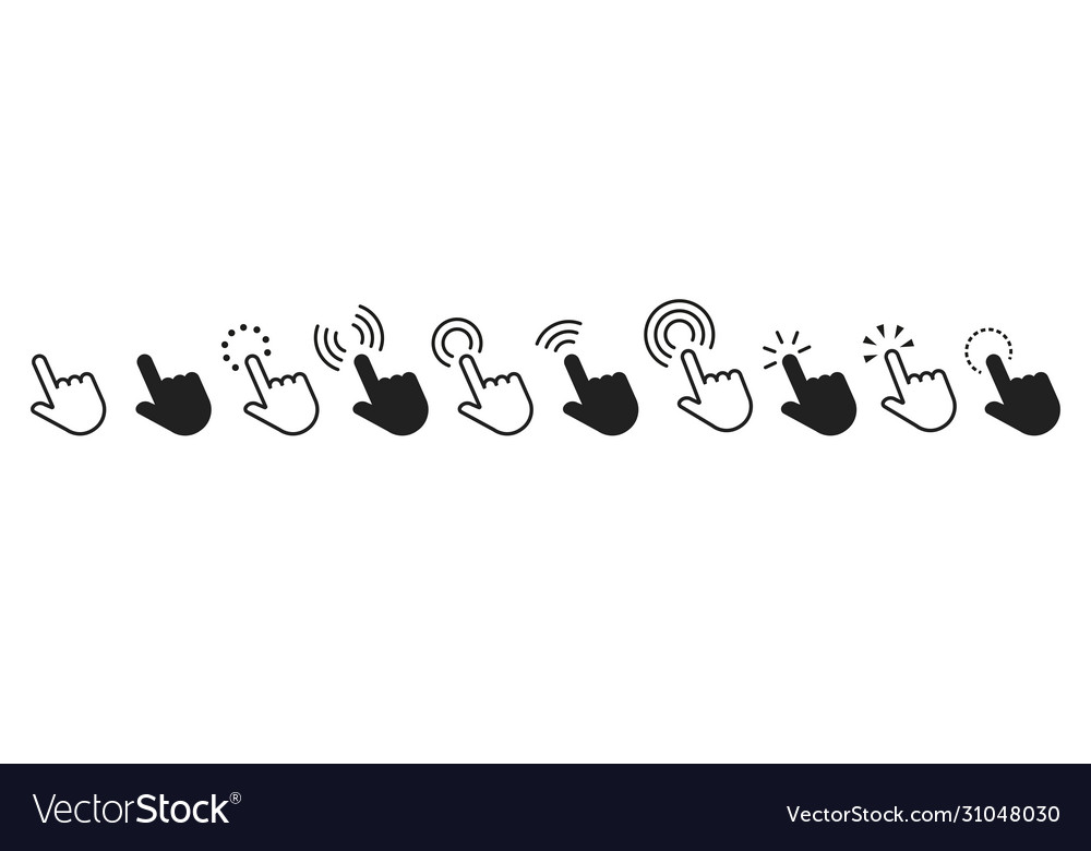 Pointers clicking with hand isolated set icons vector image Pointers clicking with hand isolated set icons