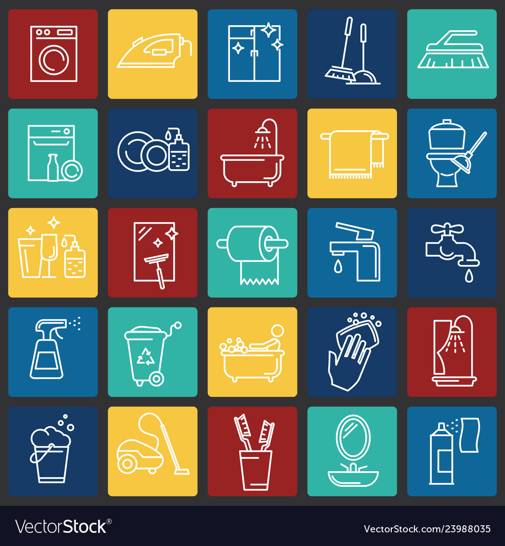 Cleaning icon set on color squares background