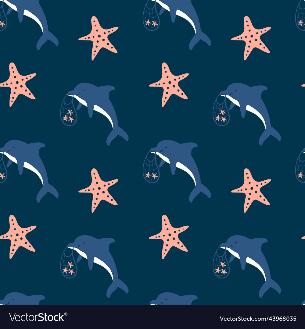 Cute cartoon pattern of dolphin with orange Vector Image