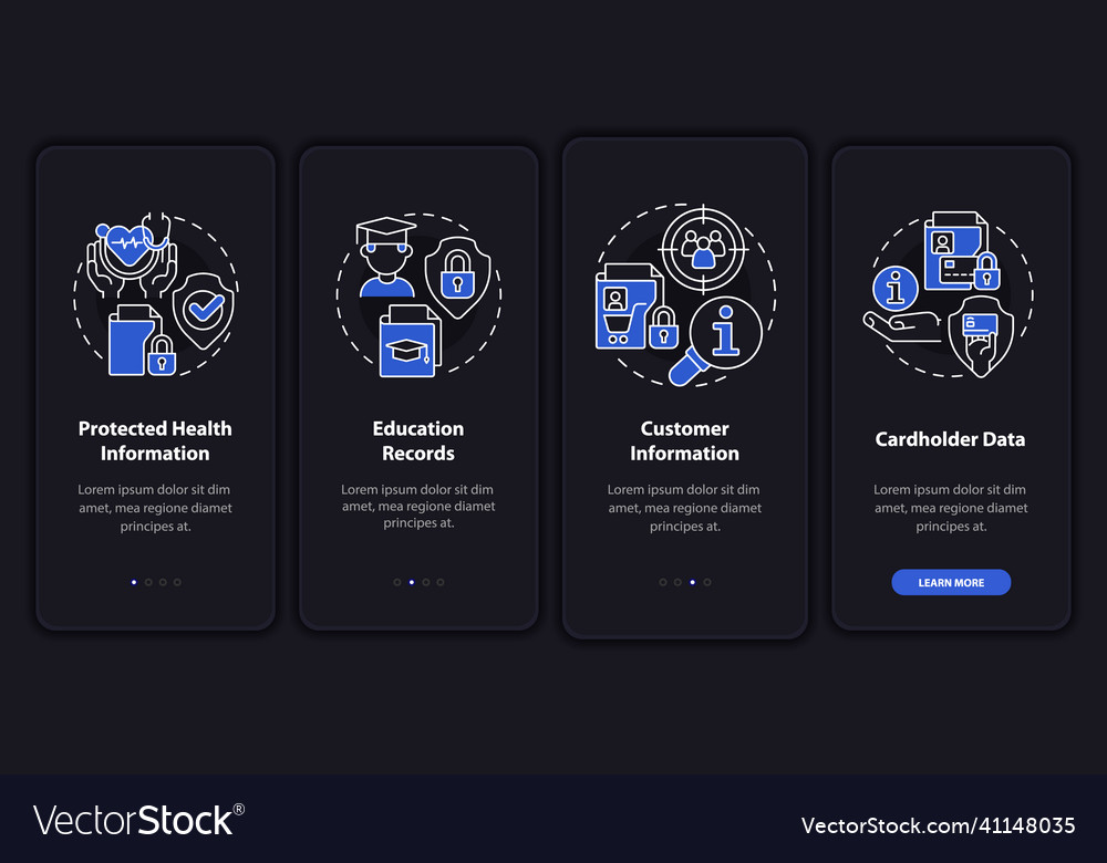 Examples of sensitive data night mode onboarding vector image Examples of sensitive data night mode onboarding