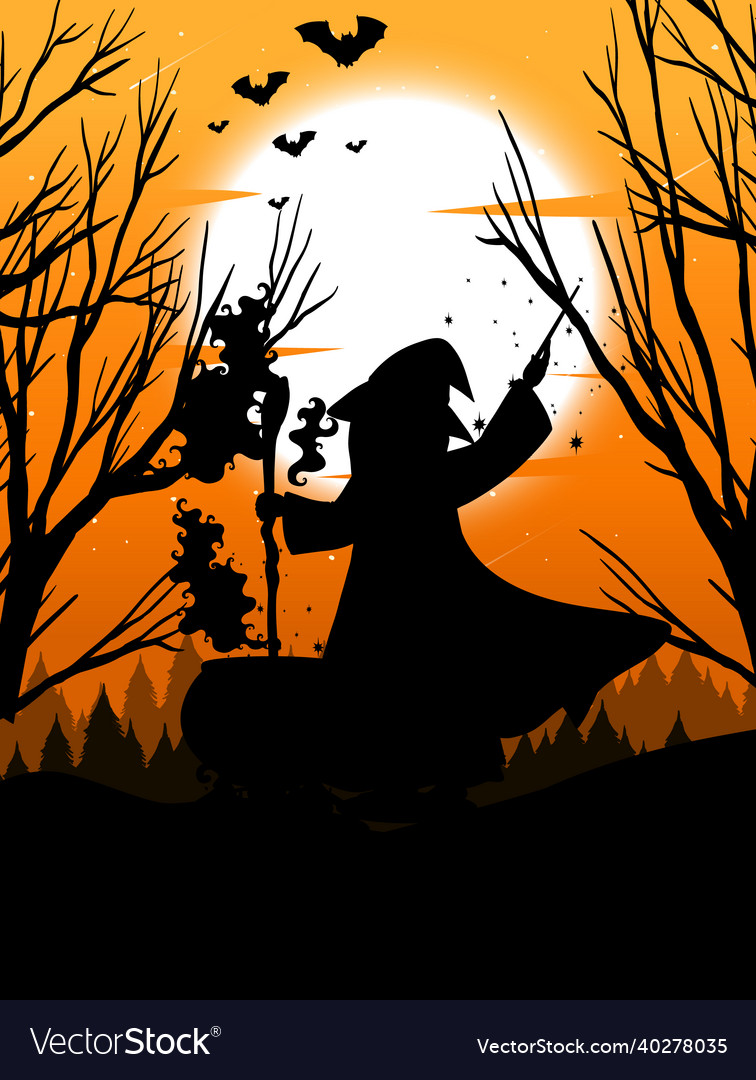 Halloween night background with witch silhouette