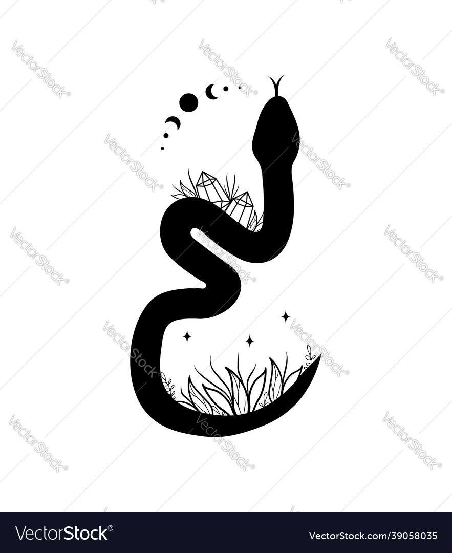 Magic snake in boho style with moon mystical