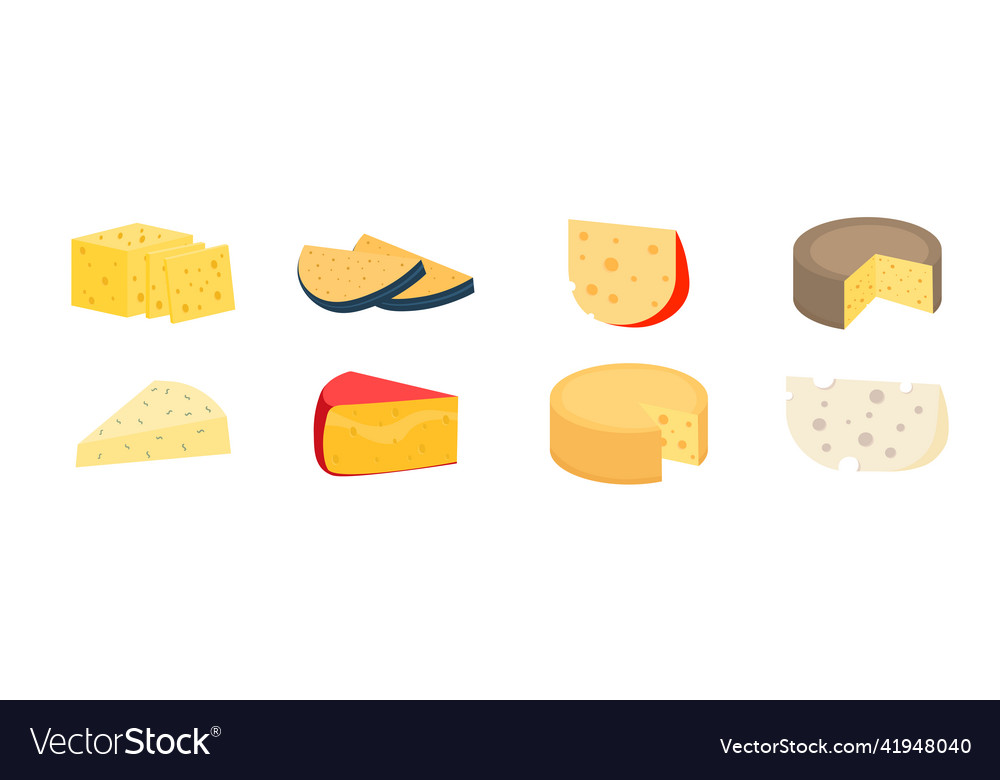 Set of cheese parts and slices flat milk food vector image Set of cheese parts and slices flat milk food