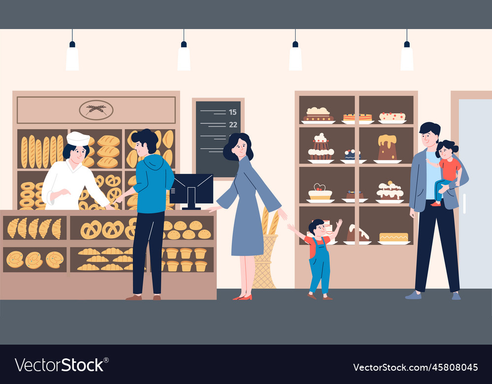 Bakery shop waiting line counter with bread Vector Image