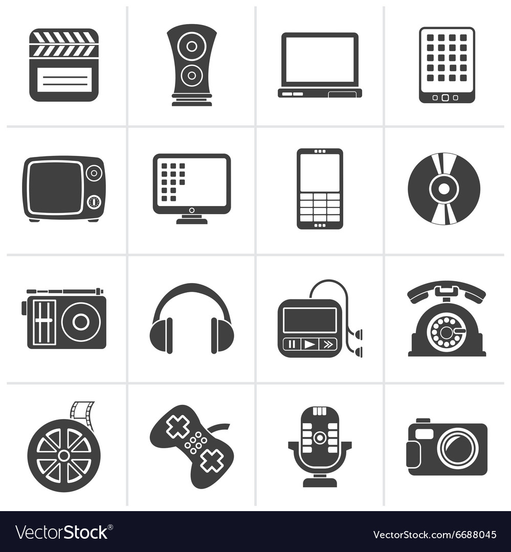 Black multimedia and technology icons Royalty Free Vector