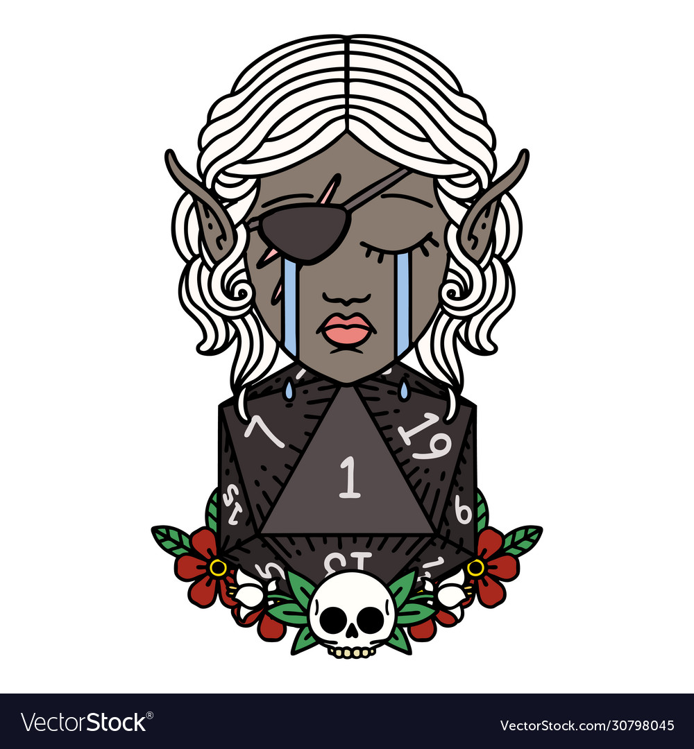 Crying elf rogue character face with natural one