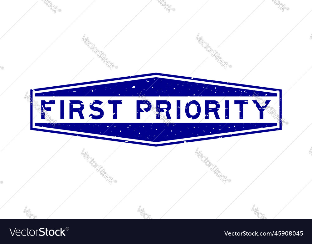 Grunge blue first priority word hexagon rubber