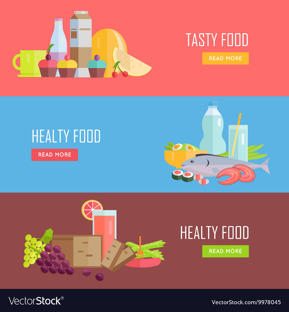 Set tasty and healthy food web banners Royalty Free Vector