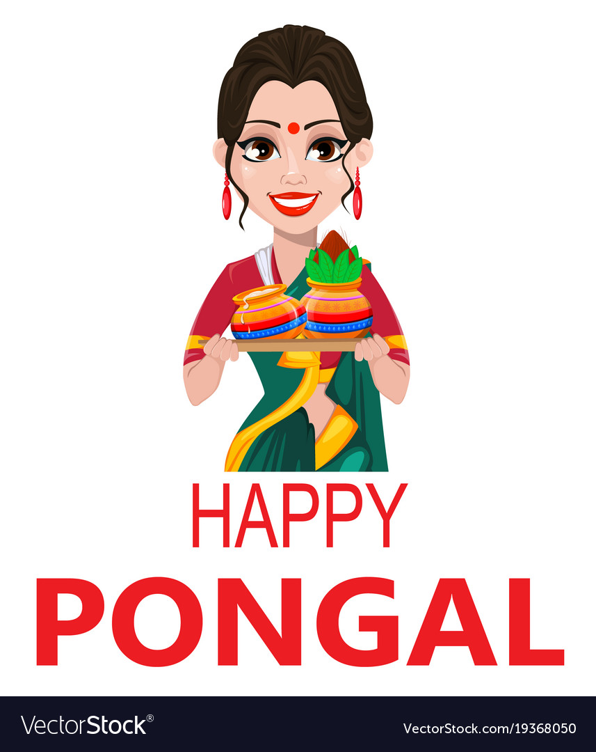 Indian girl with two pots happy pongal greeting Vector Image Indian girl with two pots happy pongal greeting Vector Image