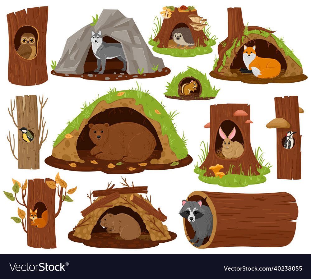 Cartoon forest animals inside hollow burrow Vector Image