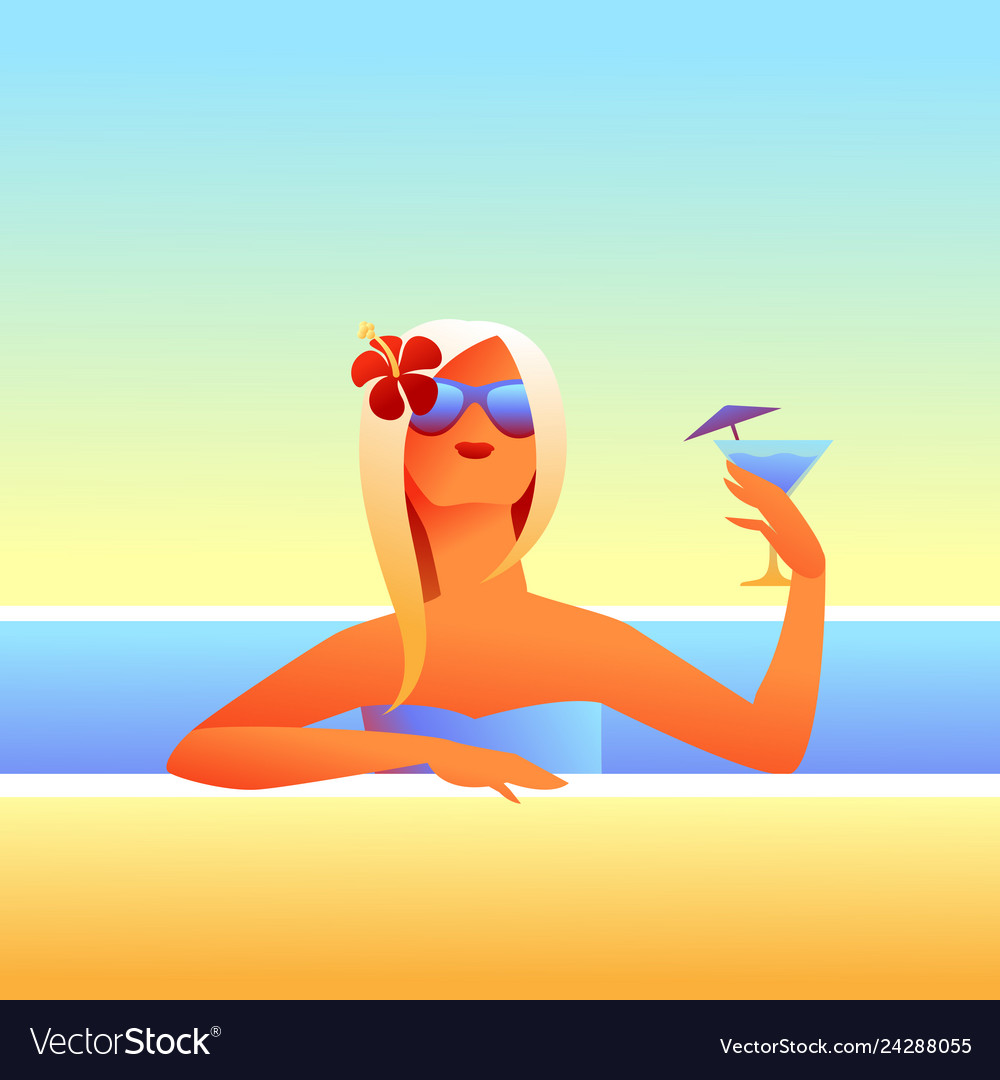 Girl sunbathes on beach with cocktail