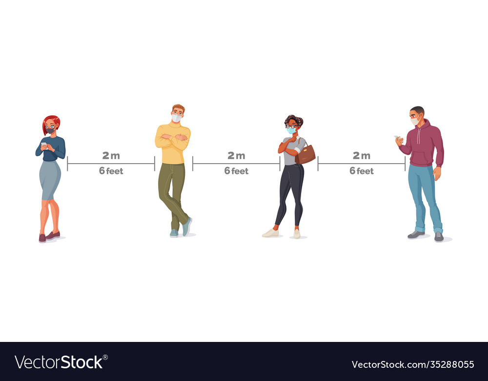 People in face masks standing line social vector image People in face masks standing line social