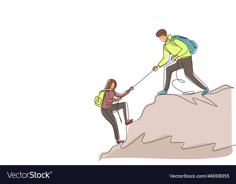 Single one line drawing man woman hikers climbing Vector Image