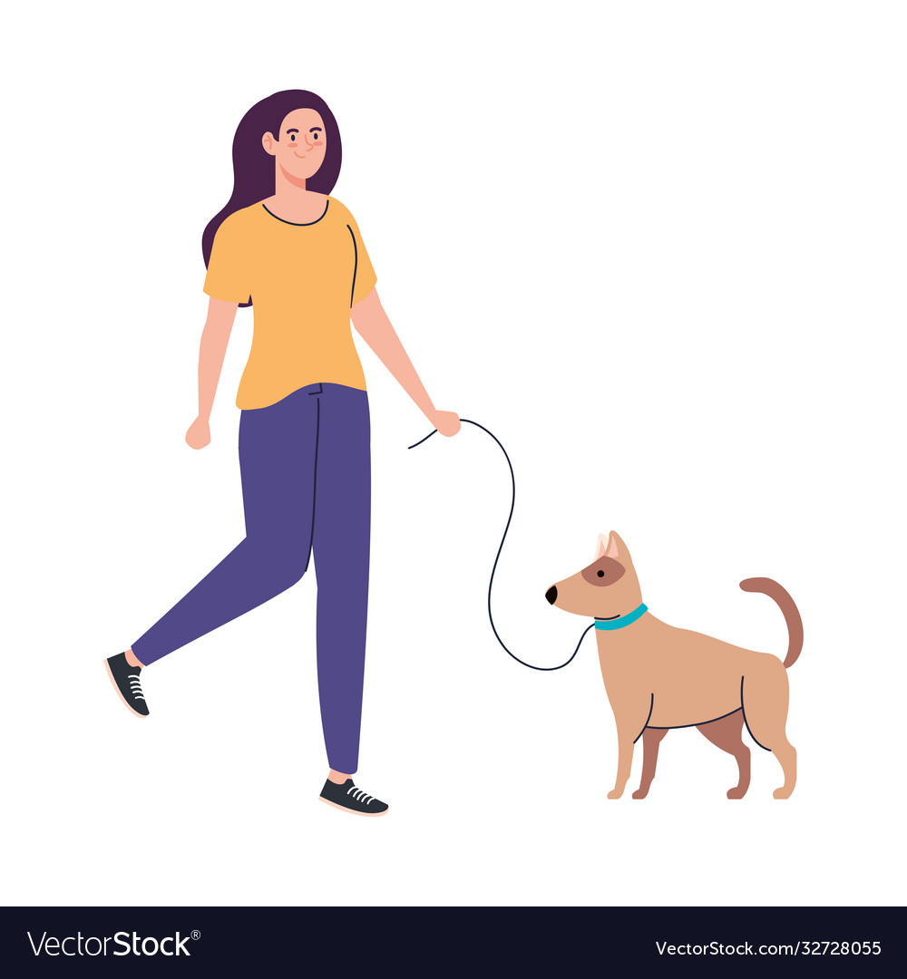 Young woman on a walk with dog white