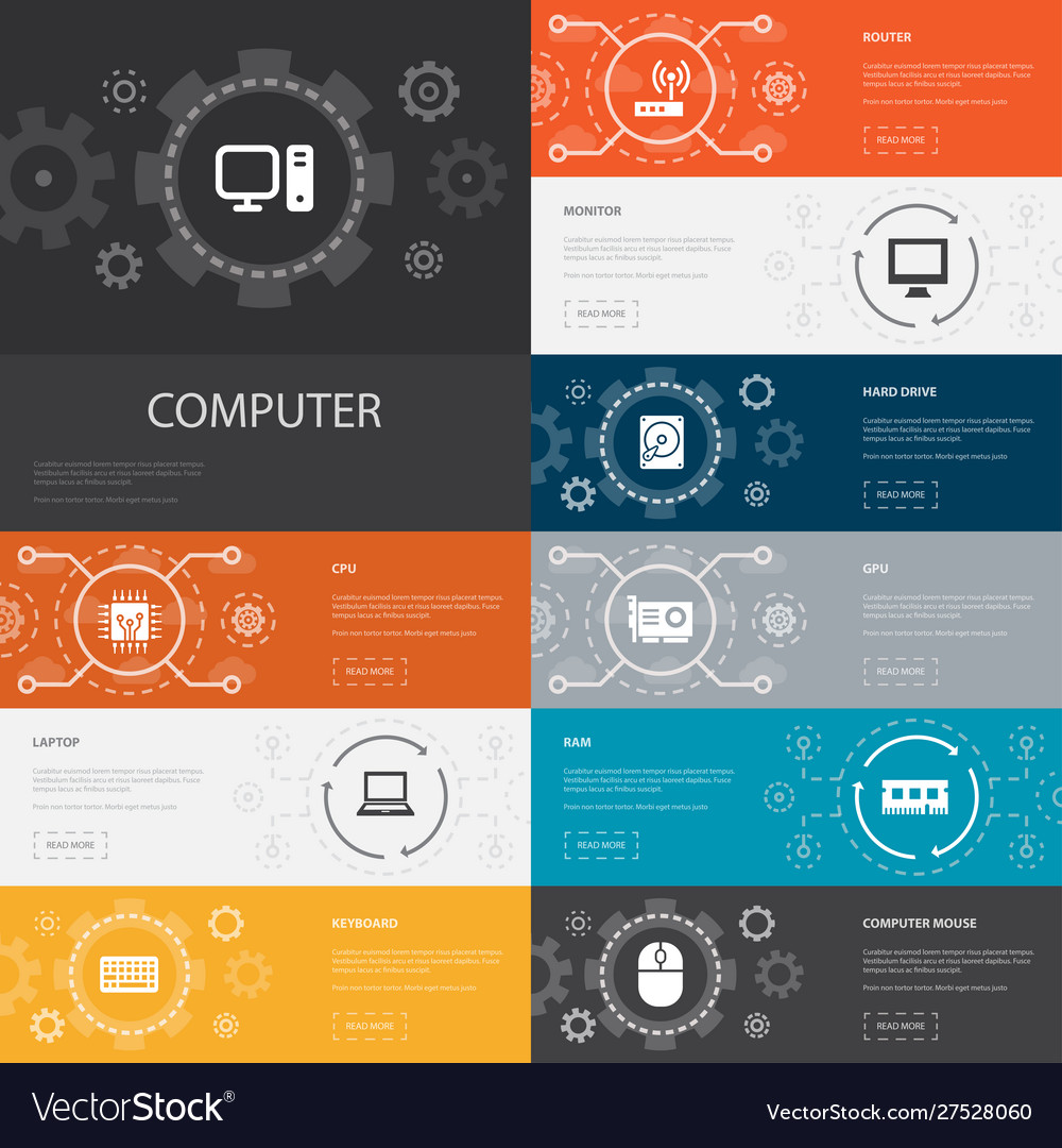 Computer infographic 10 line icons bannerscpu