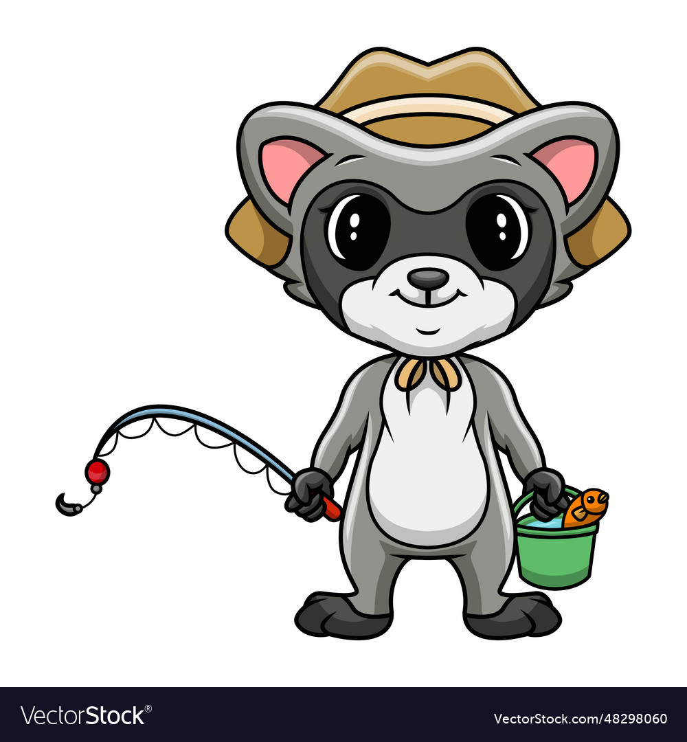 Cute happy raccoon are fishing