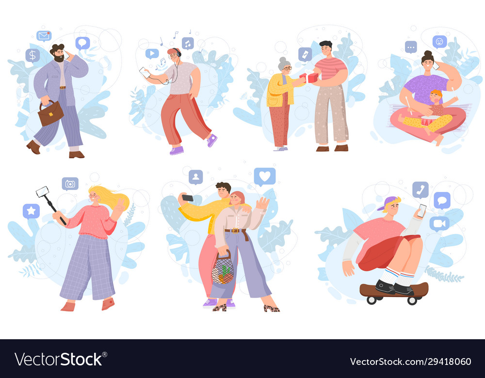 People using smartphones hand drawn cartoon