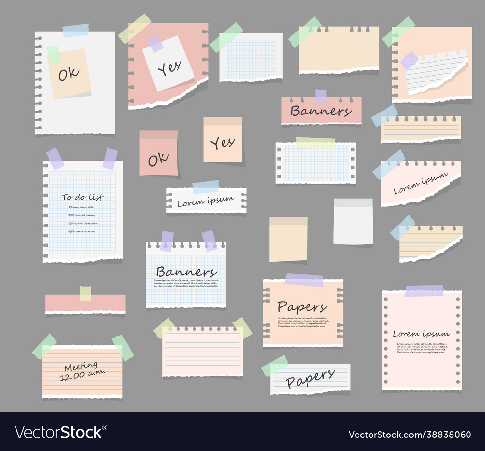 Sticky notes memo messages torn paper sheets vector image Sticky notes memo messages torn paper sheets
