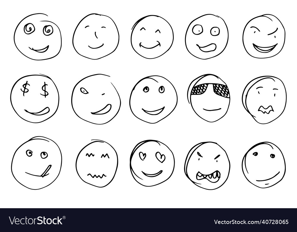 Hand drawn emoticon set on white background