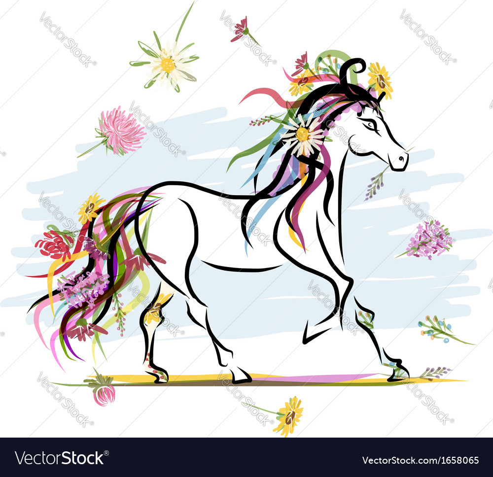 Horse sketch with floral decoration for your