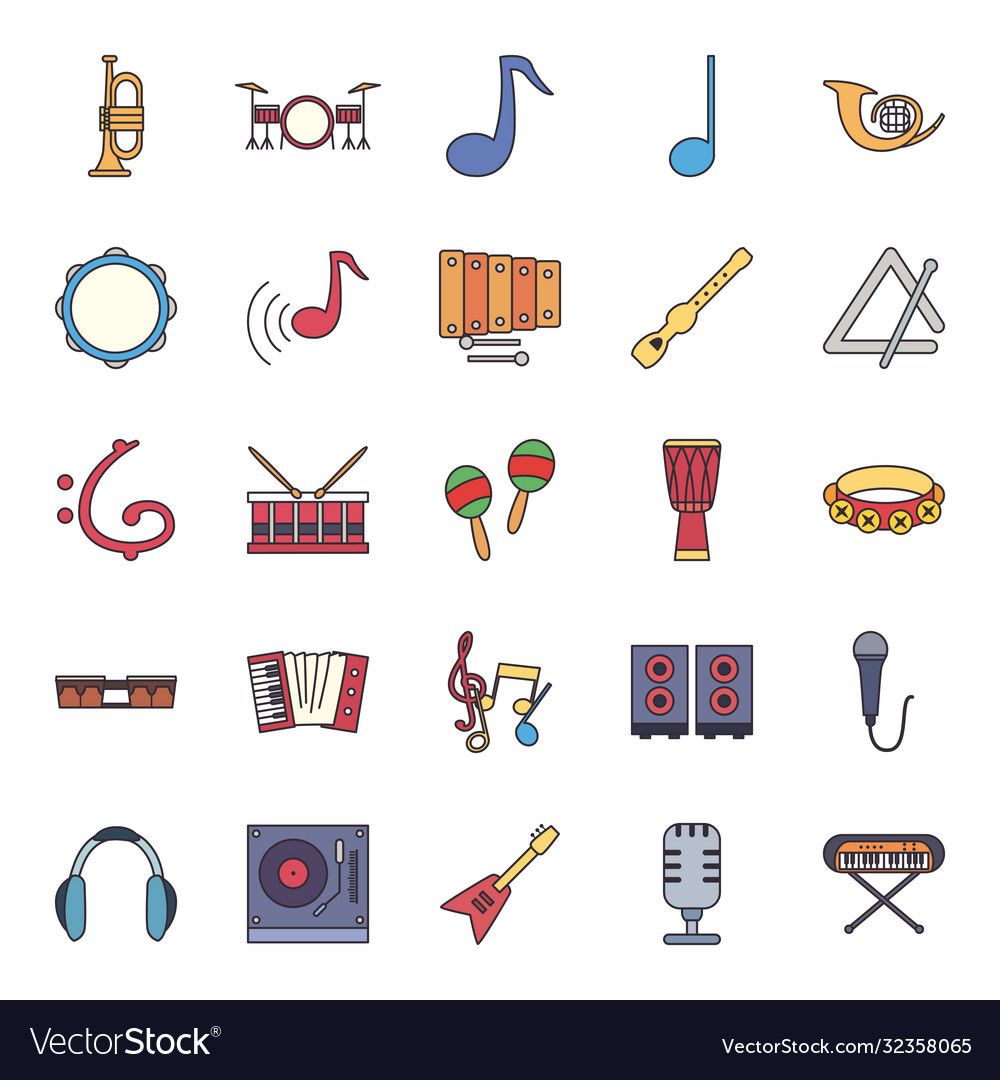 Music instruments line and fill style icon set