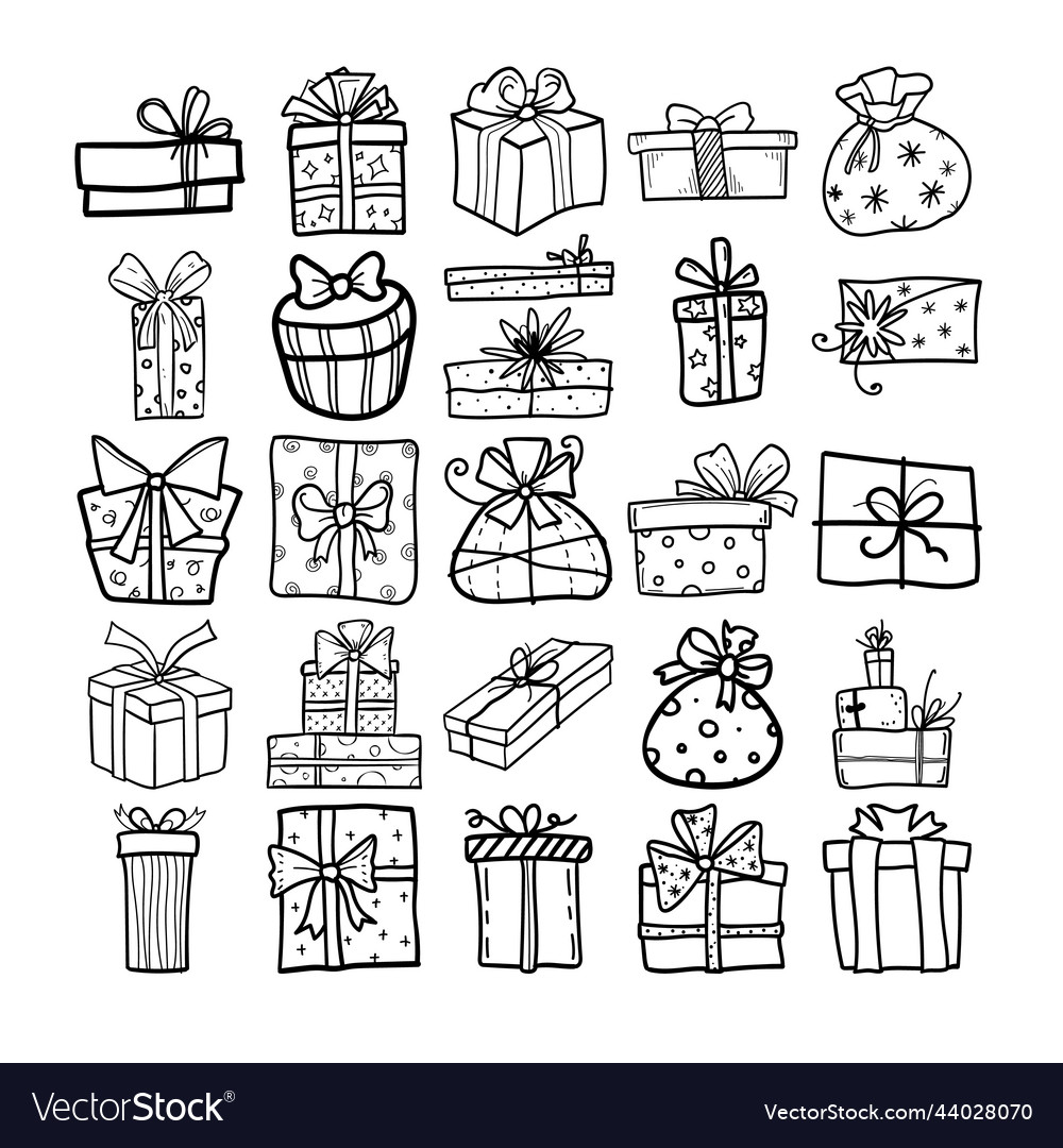 Gift boxes hand drawn doodle line art outline set Vector Image