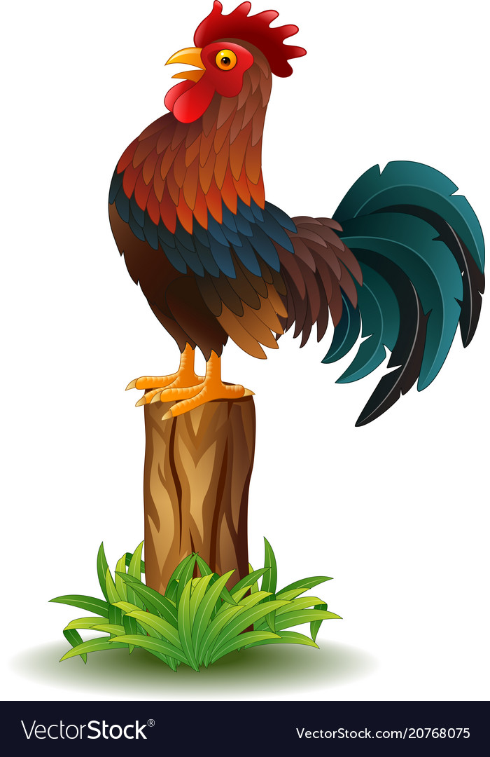 Cartoon rooster standing on tree stump Royalty Free Vector