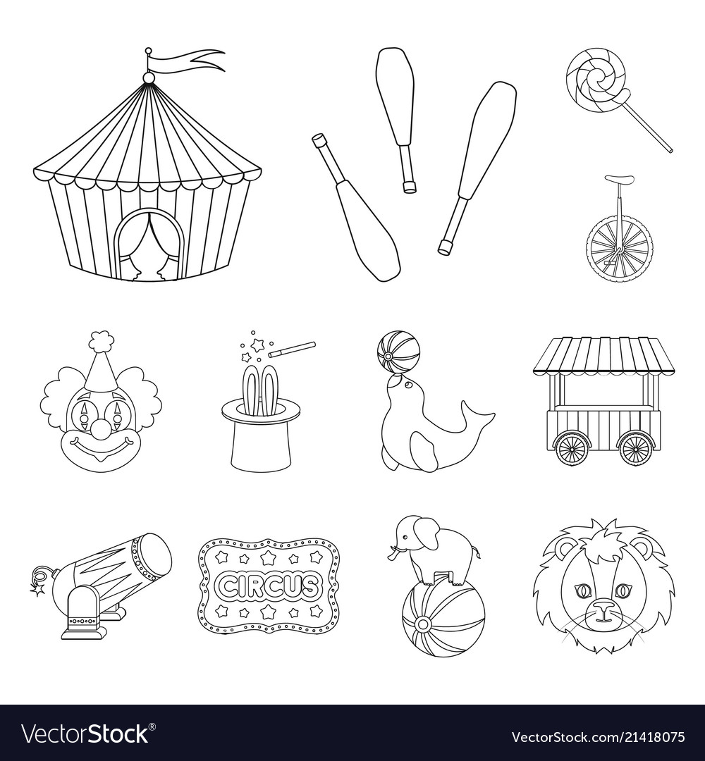 Circus and attributes outline icons in set vector image Circus and attributes outline icons in set