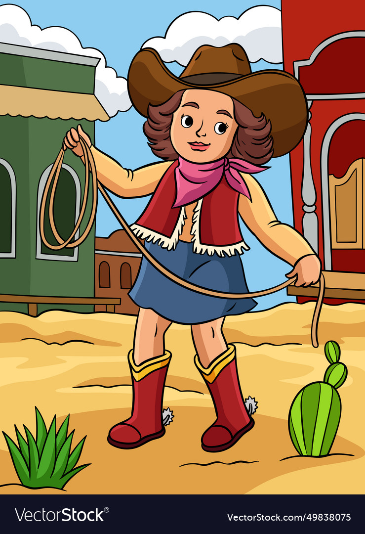 Cowboy girl with a rope colored cartoon Royalty Free Vector