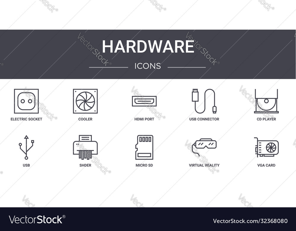 Hardware concept line icons set contains