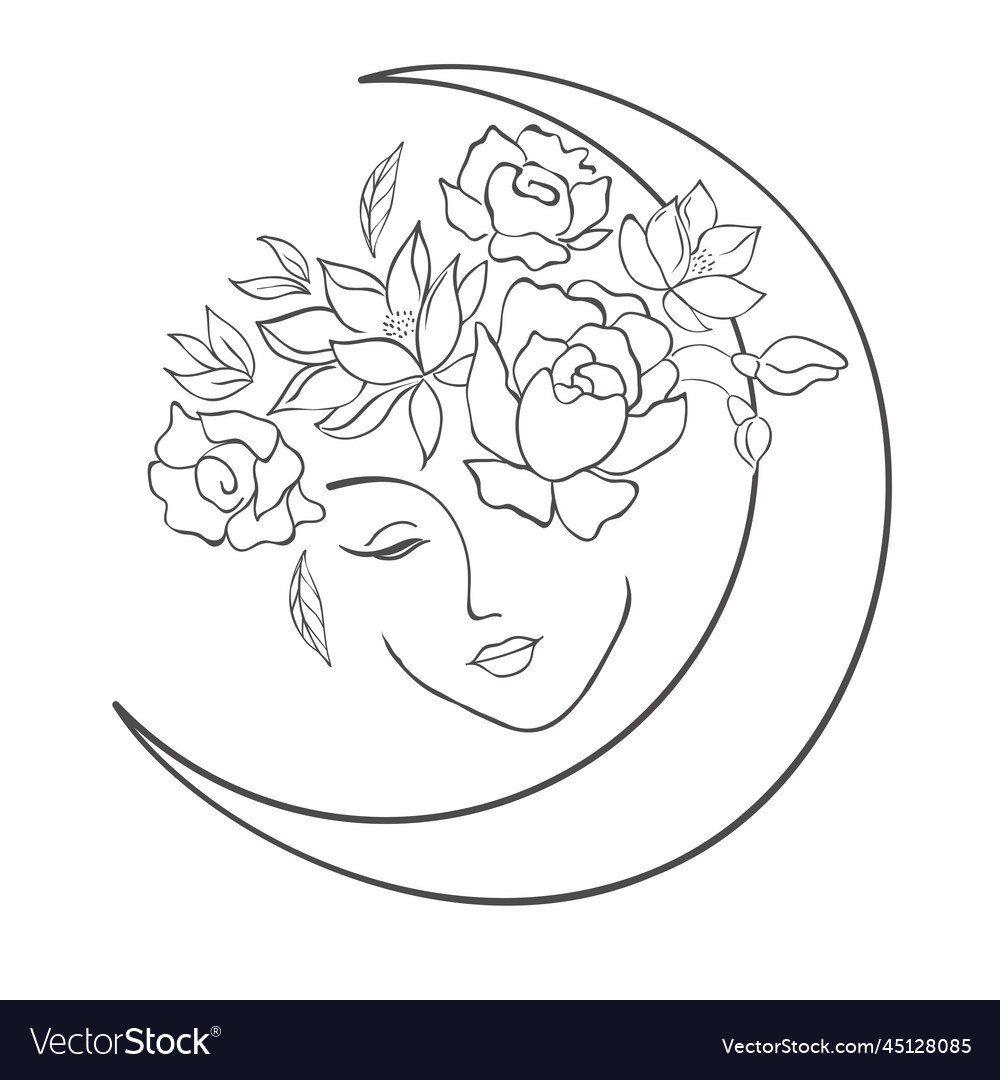 Frauenkopf mit Blumen und Mond