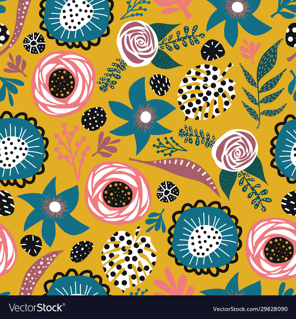 Abstract doodle flowers and leaves seamless vector image Abstract doodle flowers and leaves seamless