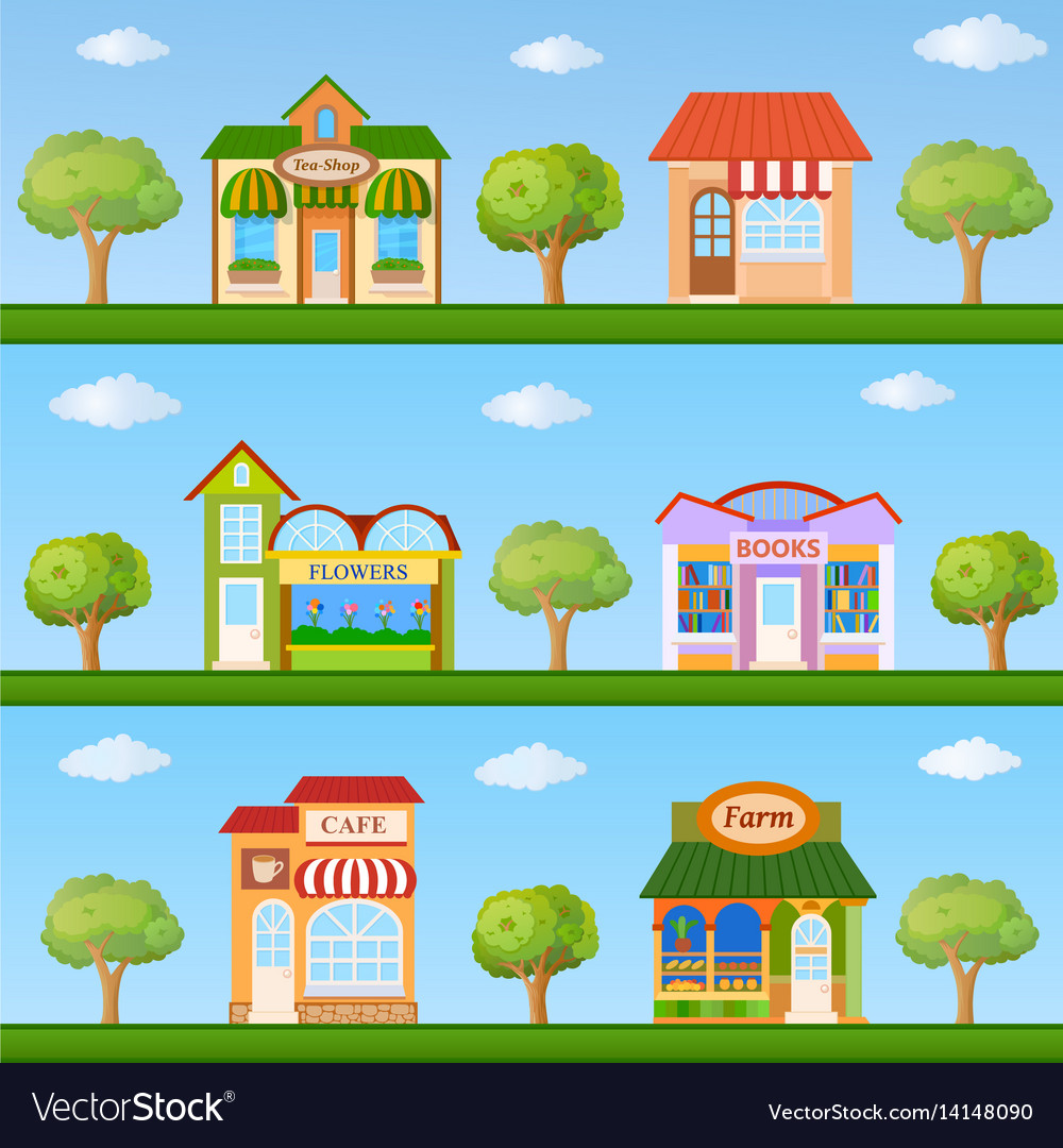 Building icon set store and cafe front