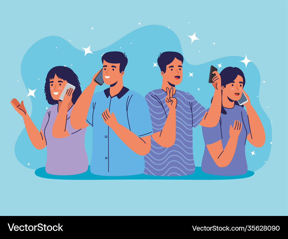 Couples using smartphones technology characters Vector Image