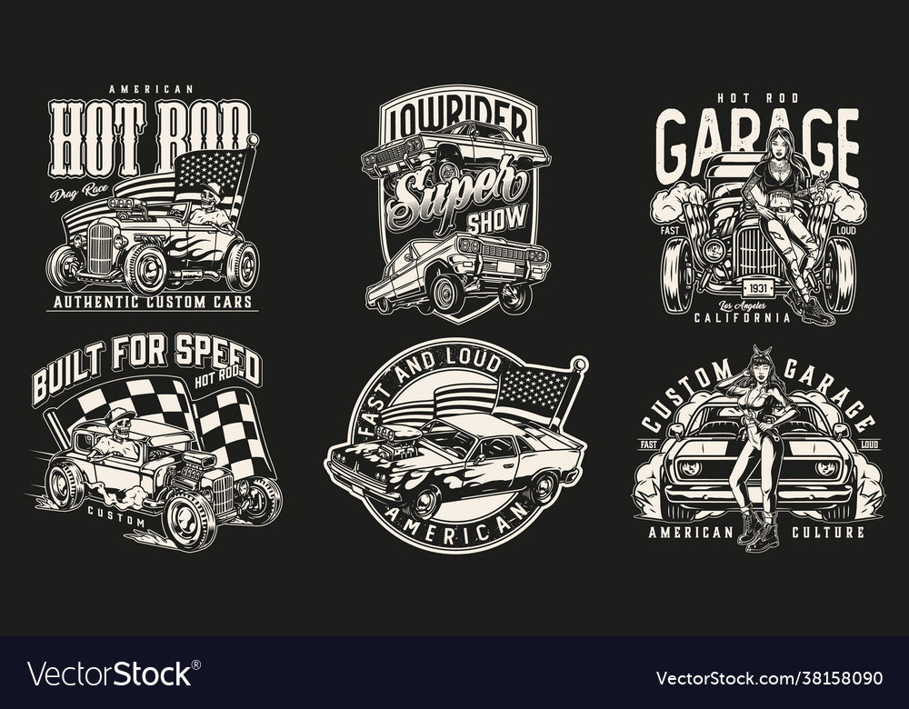 Custom cars monochrome vintage emblems Royalty Free Vector