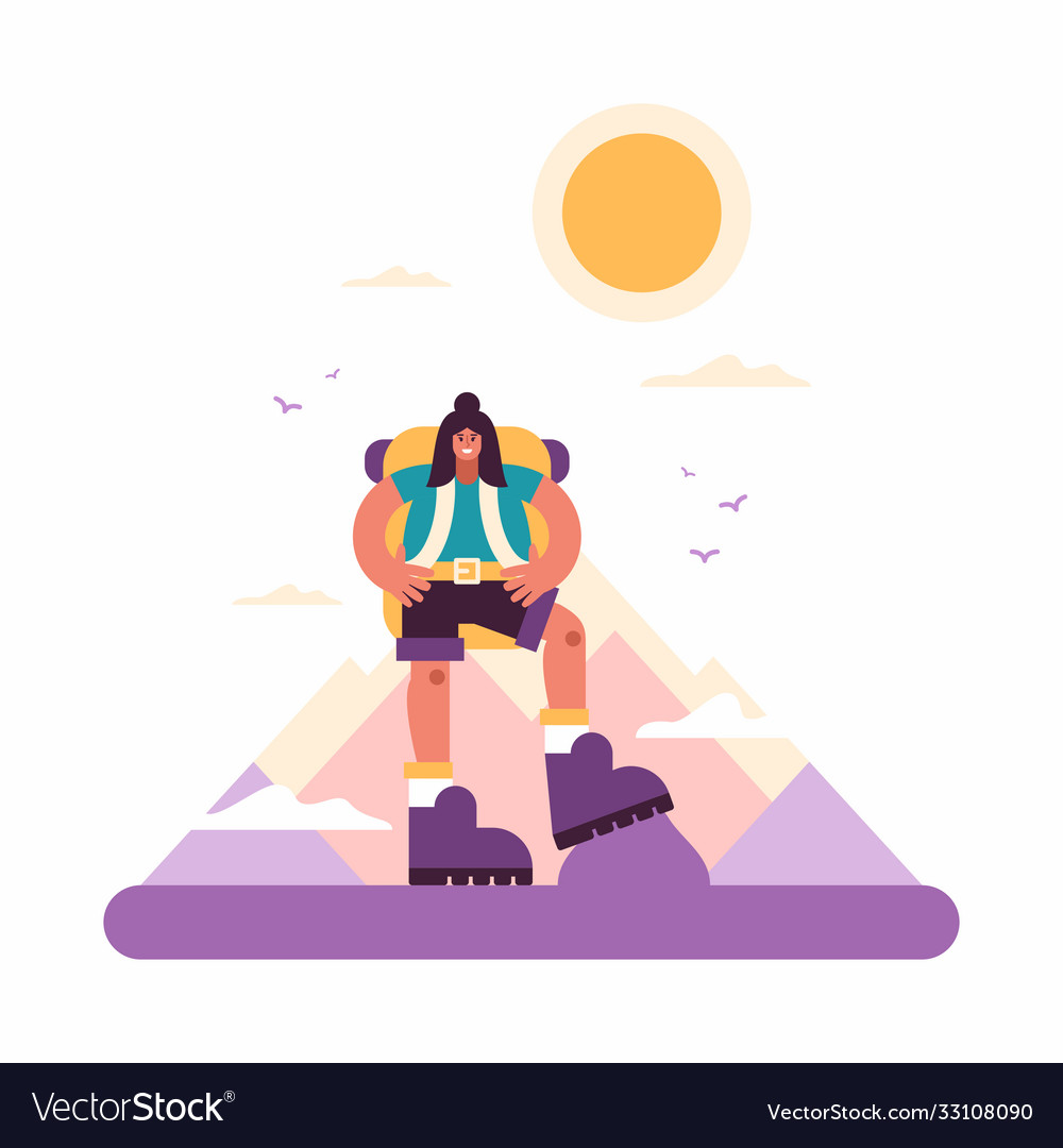 Positive female explorer conquering mountains vector image Positive female explorer conquering mountains