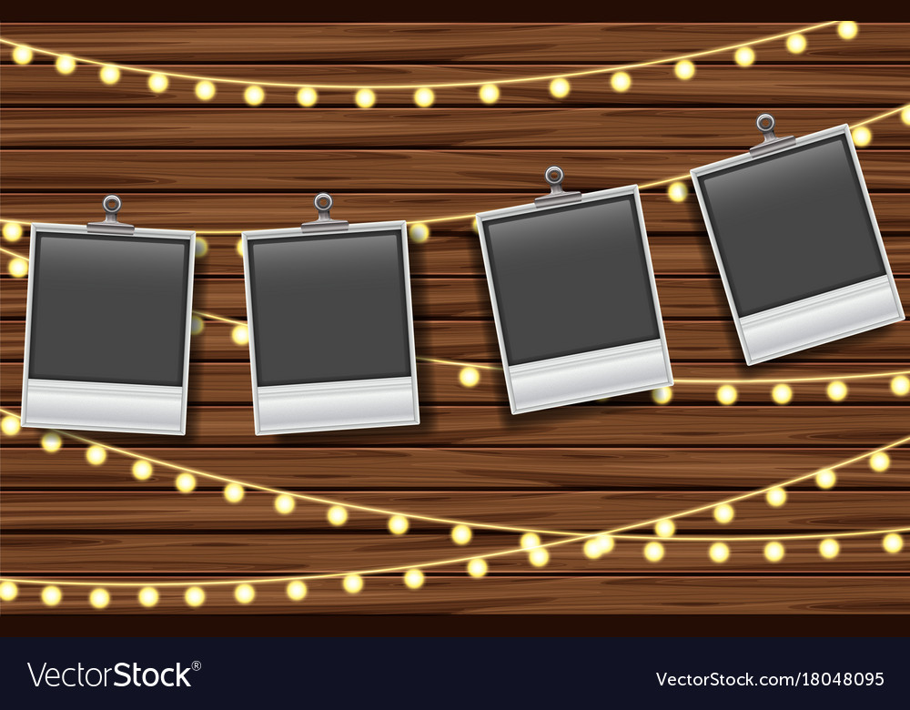 Blank Photo Frames Hanging On Wooden Board Vector Image