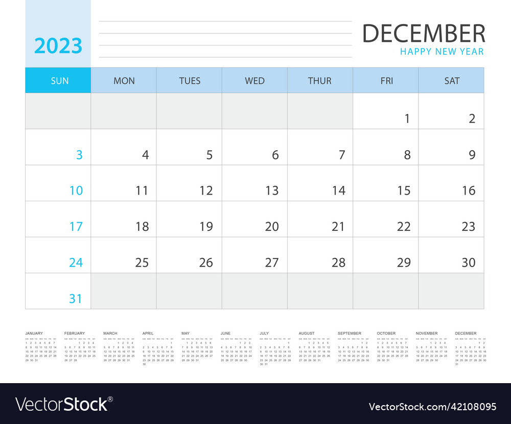 Calendar 2023 year template-december layout